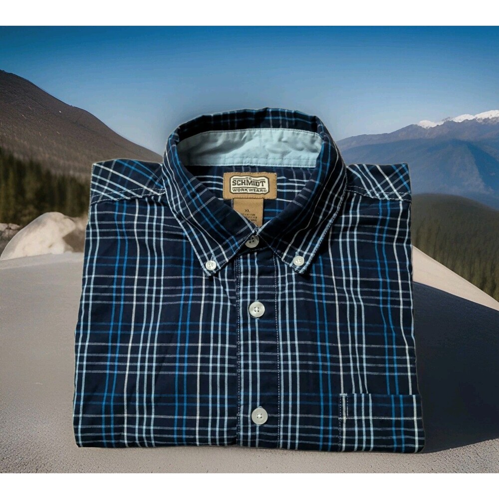 C.E. Schmidt Button Down Long Sleeve Blue Plaid Shirt Mens Size XL EUC
